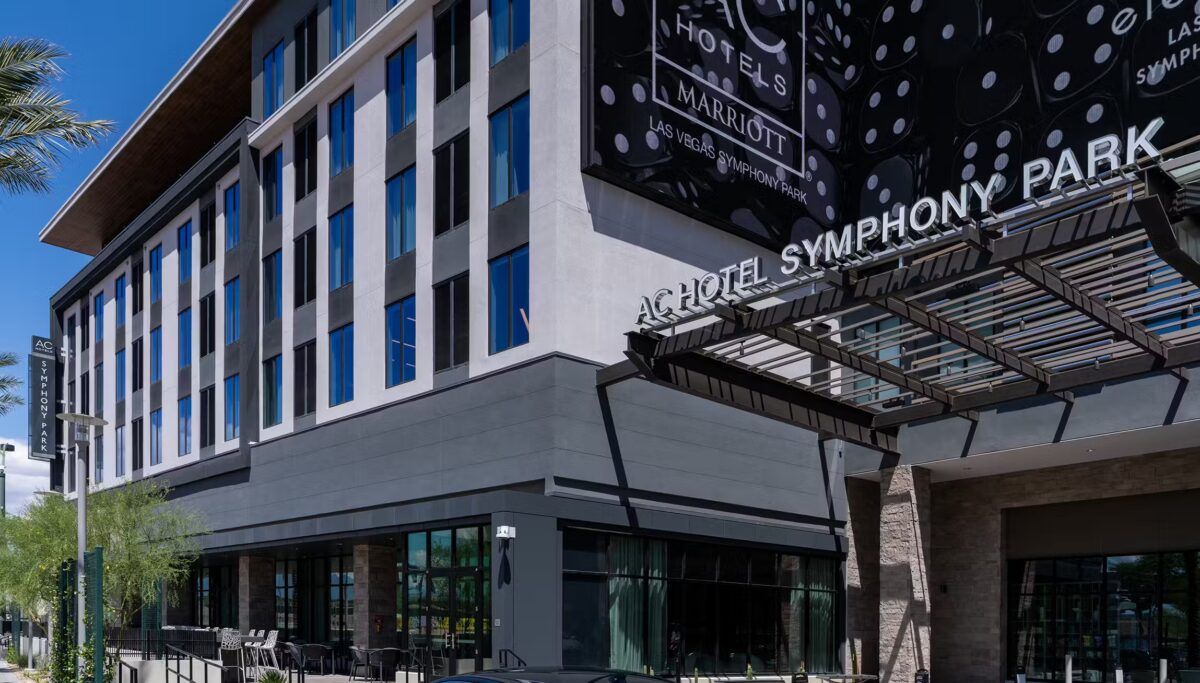 Exterior view of the entrance at AC/Element Symphony Park Hotel in Las Vegas.