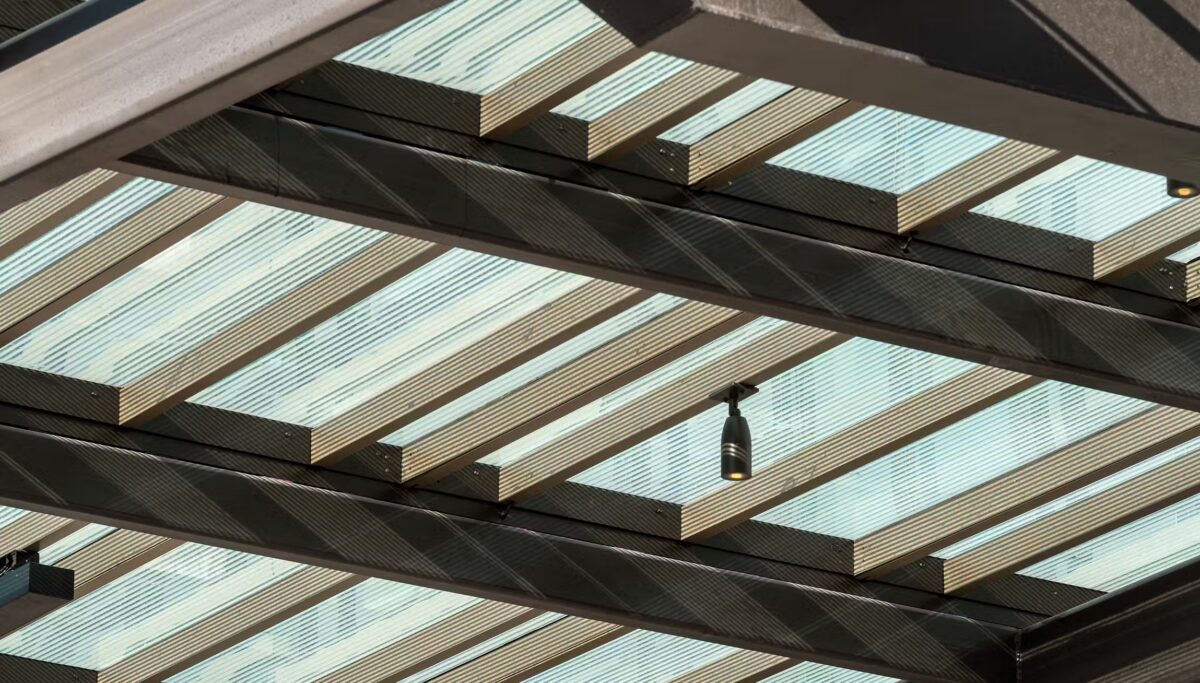 Exterior view of the glass canopy at AC/Element Symphony Park Hotel in Las Vegas.