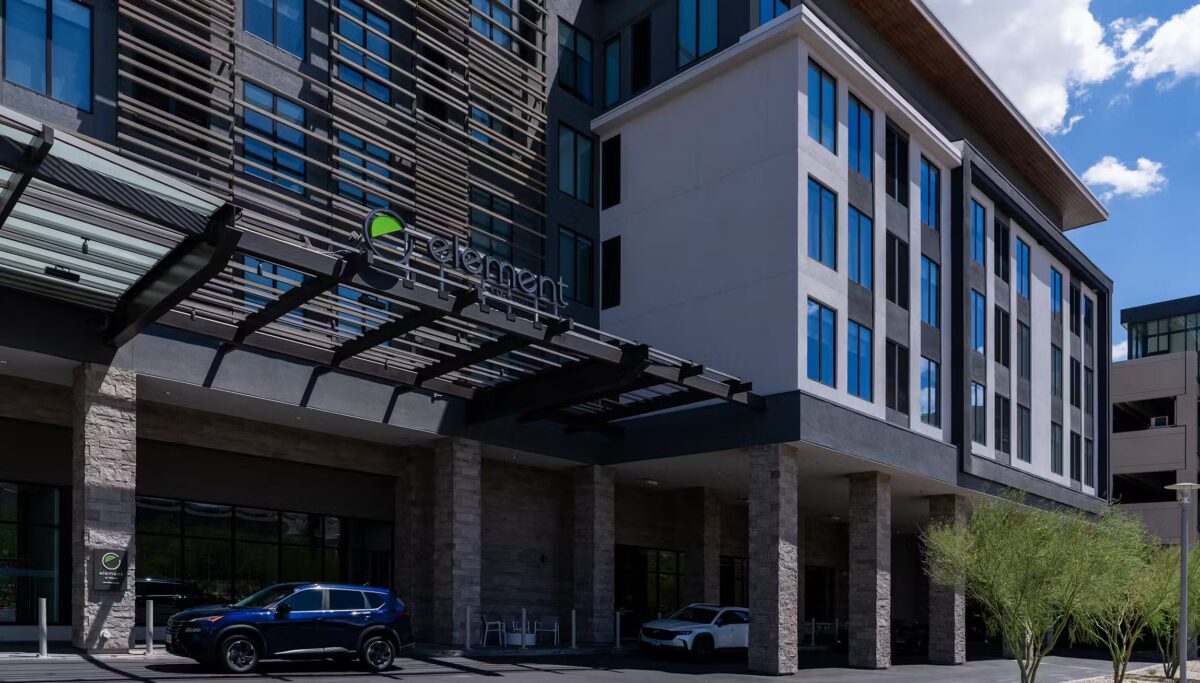 Exterior view of the entrance at AC/Element Symphony Park Hotel in Las Vegas.
